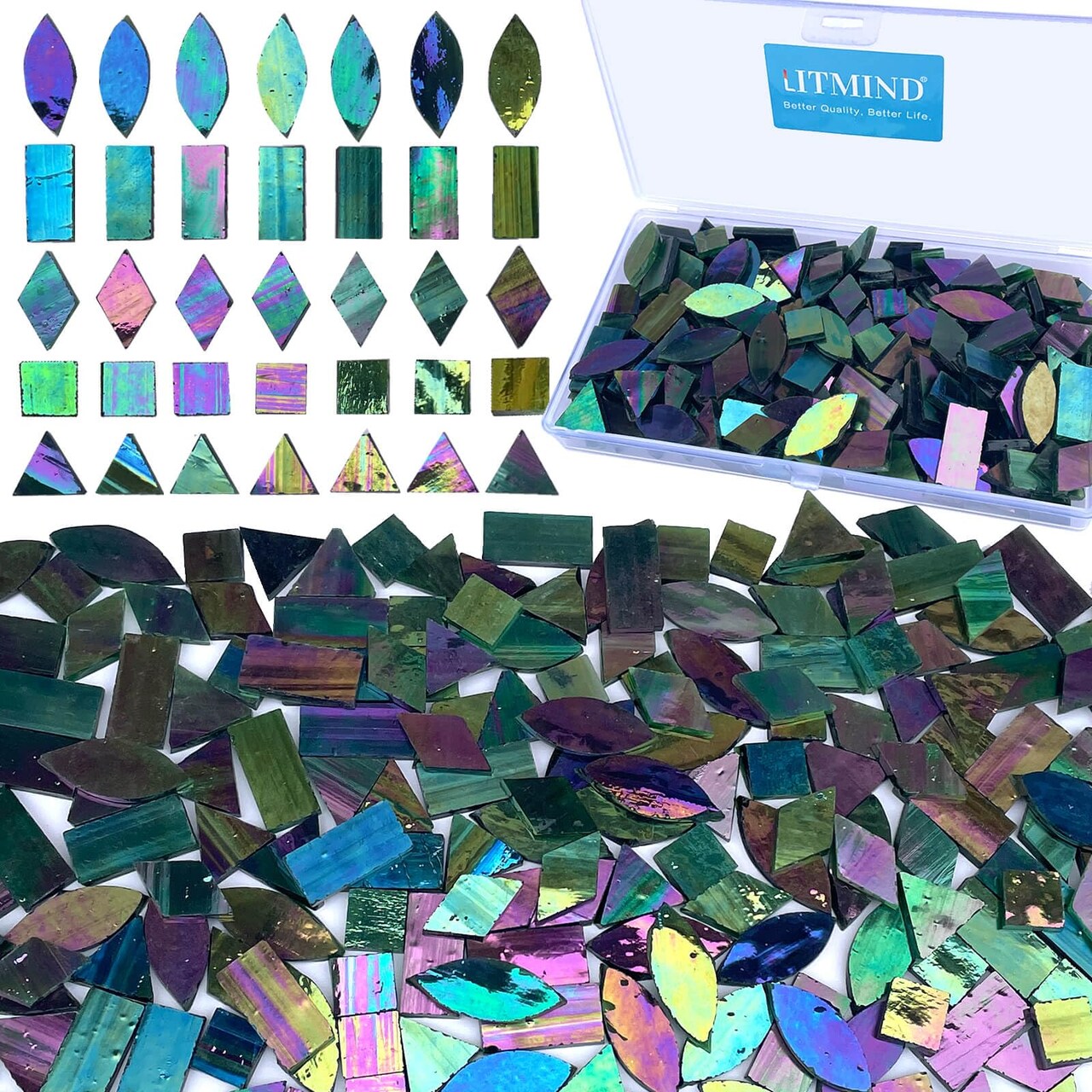 LITMIND Dark Green Iridescent Stained Glass Mosaic Tiles for Crafts - 240 Pieces, 5 Shapes Mixed (Rectangle, Triangle, Rhombus, Square, Leaf) - Ideal for Mosaic Making Projects